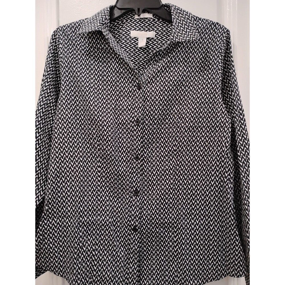 Chicos 1 Button-Down Shirt Black White Chevron Cotton No-Iron Womens Size Medium